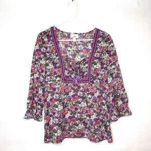 Ann Taylor LOFT Purple Floral Bell Wide Sleeve Lightweight Peasant Blouse Size L